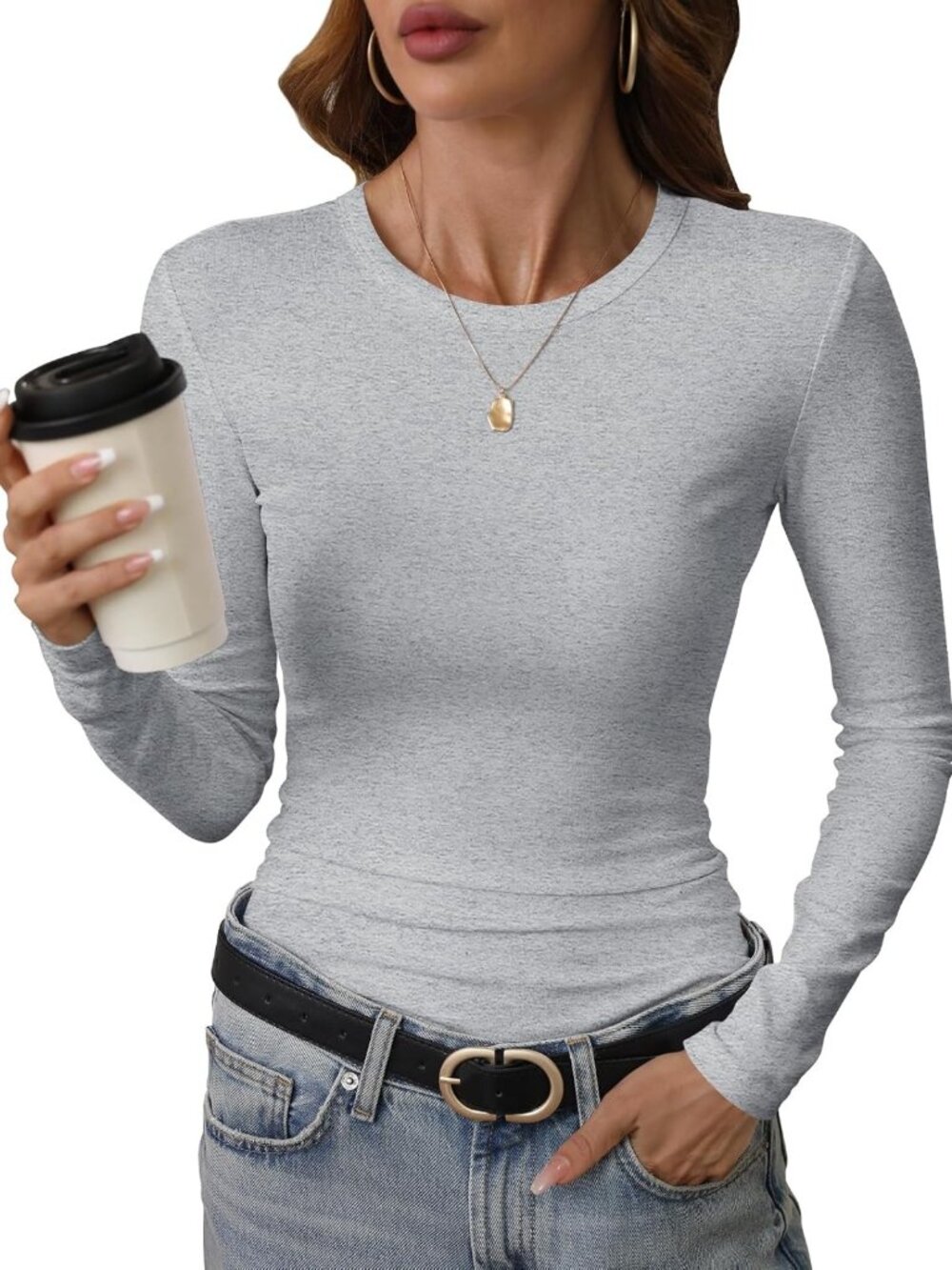 Slim Fitted Casual Crewneck Long Sleeve Top - Stretchy Basic T-Shirt for Women